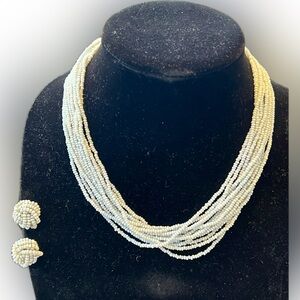 Vintage 12-Strand Silvery Blue White Beaded Necklace and Earring Set